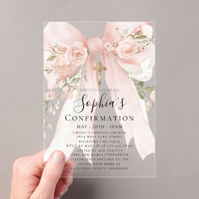 Pink Bow Rose Floral Girl Confirmation Acrylic Invitations (Insitu (Handheld))