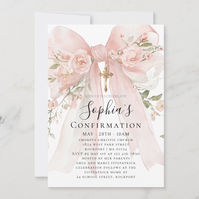 Pink Bow Rose Floral Girl Confirmation Invitation (Front)