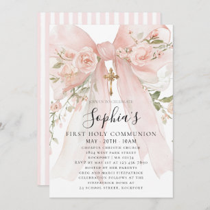 Pink Bow Rose Floral Girl First Communion Invitation