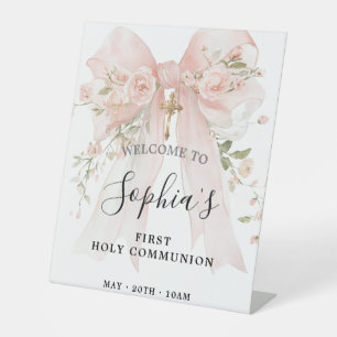 Pink Bow Rose Floral Girl First Communion Pedestal Sign