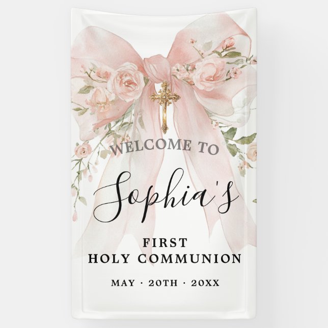 Pink Bow Rose Floral Girl First Communion Vertical Banner (Vertical)