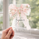 Pink Bow Rose Floral Girl's Dedication Arch Acrylic Invitations<br><div class="desc">Blush pink watercolor coquette bow is decorated with roses and sage green greenery. A gold cross is placed above the text. The back is a chic pink and white stripe pattern. Your daughter's name is written in a beautiful calligraphy script. All text is editable.</div>