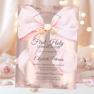 Pink Bow Rose Gold First Holy Communion   Invitation