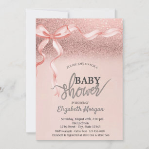 Pink Bow Rose Gold Glitter Bokeh Baby Shower Invitation
