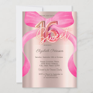 Pink Bow Rose Gold Shiny Sweet 16 Invitation