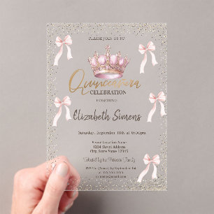 Pink Bow Royal Crow Confetti Quinceañera Acrylic Invitations