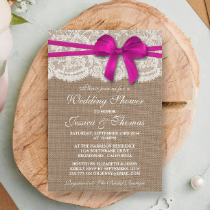 Pink Bow Rustic Burlap & Lace Wedding Shower Invitation