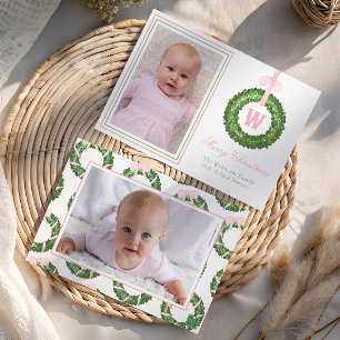 Pink Bow Sash Christmas Monogram Wreath Holiday Card
