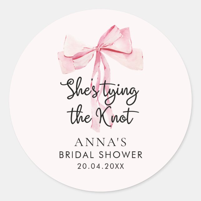 Pink Bow She Tying The Knot Bridal Shower Classic Round Sticker (Front)