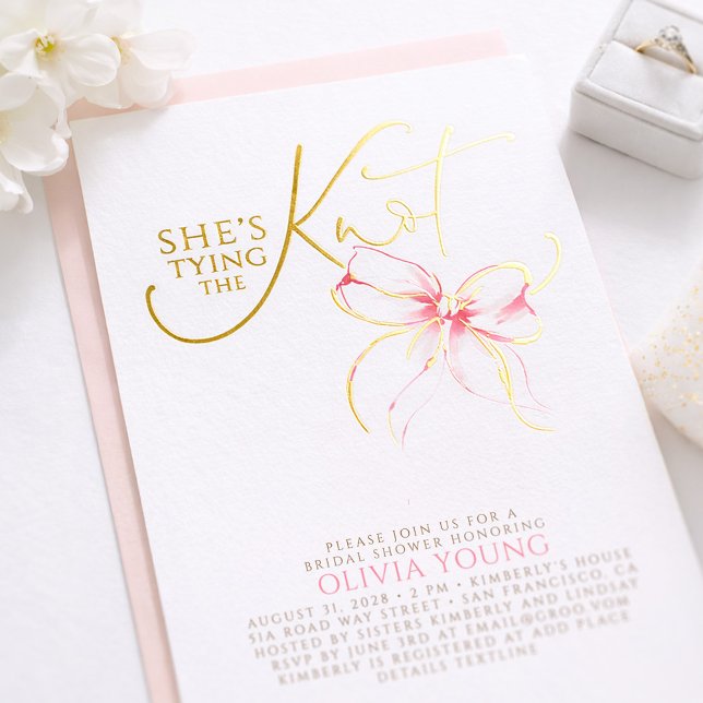 Pink Bow She's Tying The Knot Bridal Shower (Pink Bow Bridal Shower Gold Foil Invitation)