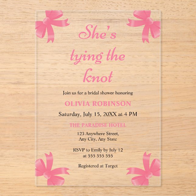 Pink Bow She's Tying the Knot Bridal Shower  Acrylic Invitations (Front)
