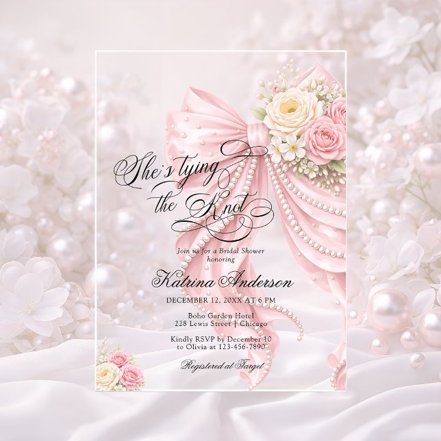 Pink Bow She's Tying the Knot Bridal Shower Acrylic Invitations (Creator Uploaded)