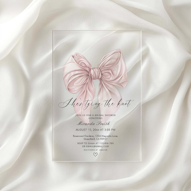 Pink Bow She's Tying The Knot Bridal Shower Acrylic Invitations (Creator Uploaded)