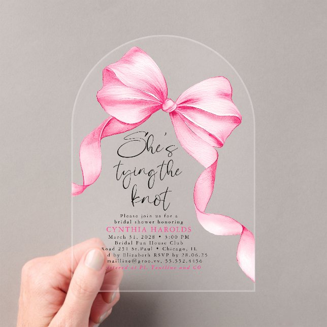 Pink Bow She's Tying the Knot Bridal Shower  Acrylic Invitations (Insitu (Handheld))