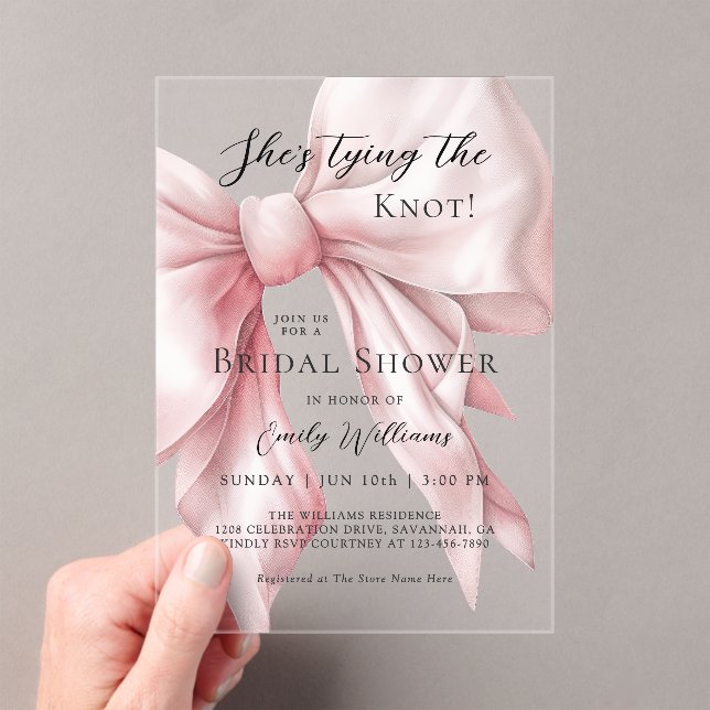 Pink Bow She's Tying the Knot Bridal Shower Acrylic Invitations (Insitu (Handheld))
