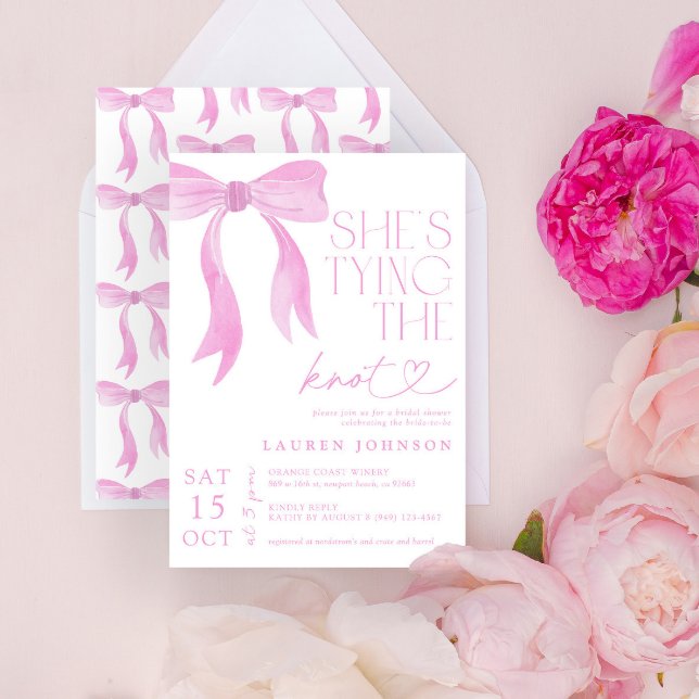 Pink Bow She's Tying the Knot Bridal Shower Invitation (Easily personlize this sweet bridal shower invite for the perfect celebration of the bride-to-be!)