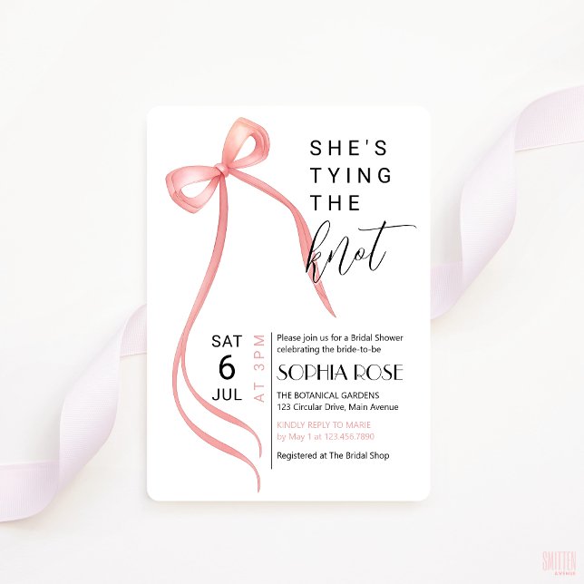 Pink Bow Shes Tying The Knot Bridal Shower Invite (shes tying the knot bridal shower invitation pink bow coquette theme)