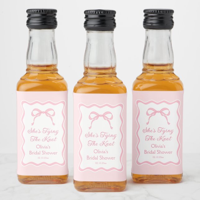 Pink Bow She's Tying the Knot Bridal Shower Liquor Bottle Label (Bottles)