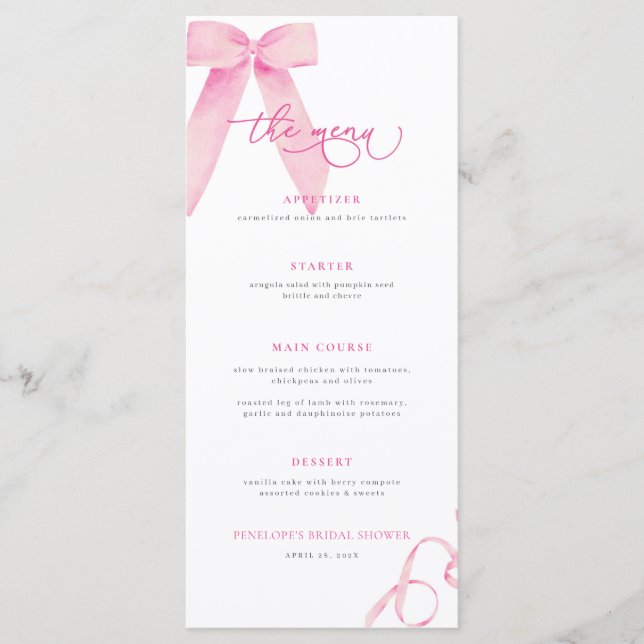 Pink Bow She's Tying the Knot Bridal Shower Menu (Front)