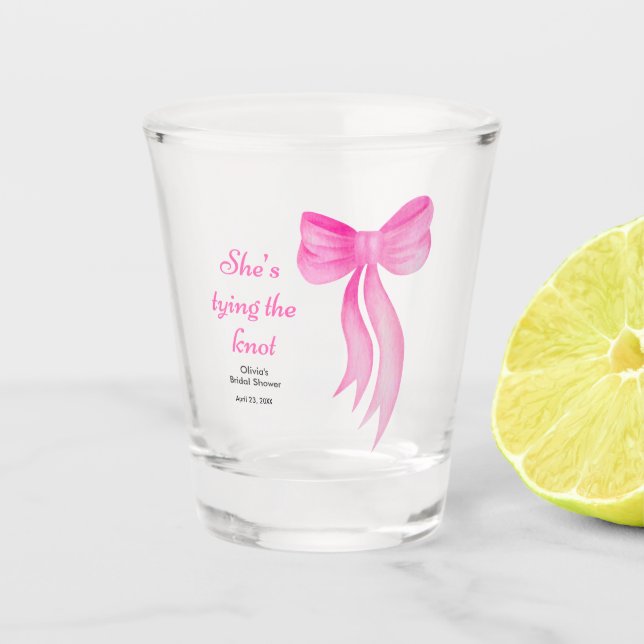 Pink Bow She's Tying the Knot Bridal Shower  Shot Glass (Front)
