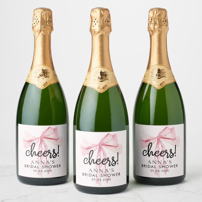 Pink Bow She's Tying The Knot Bridal Shower Sparkling Wine Label (Bottles)