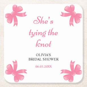 Pink Bow She's Tying The Knot Bridal Shower Square Paper Coaster
