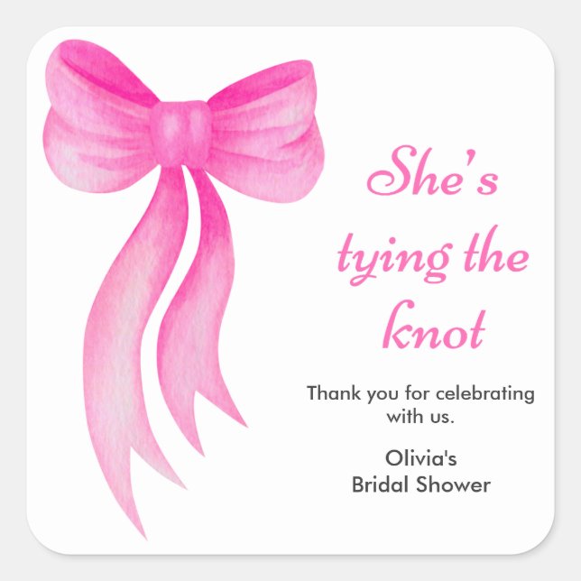 Pink Bow She's Tying the Knot Bridal Shower  Square Sticker (Front)