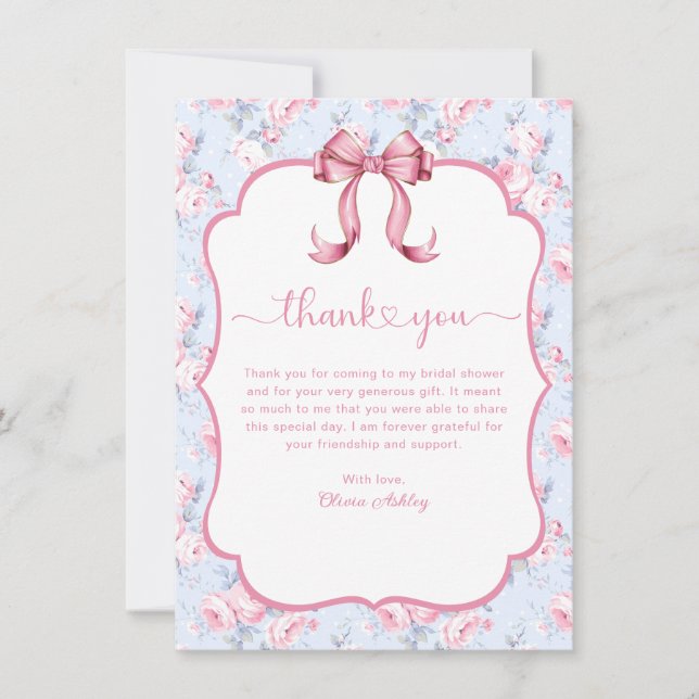 Pink Bow She's Tying the Knot Bridal Shower Thank You Card (Front)