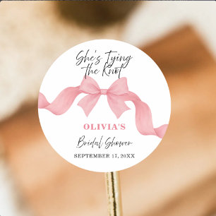 Pink Bow She's Tying the Knot Cute Bridal Shower Classic Round Sticker