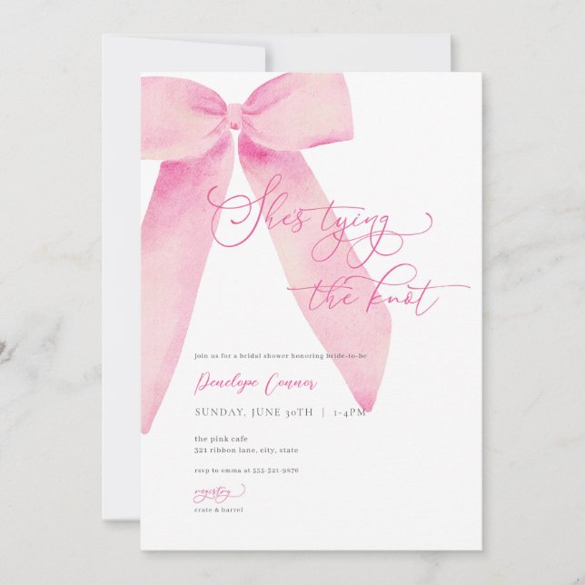 Pink Bow She's Tying the Knot Invitation Fête des  (Devant)