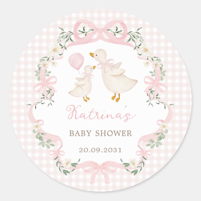 Pink Bow Silly Goose Coquette Floral Baby Shower Classic Round Sticker (Front)