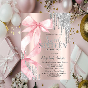 Pink Bow Silver Glitter Drips Rose Gold Sweet 16 Invitation