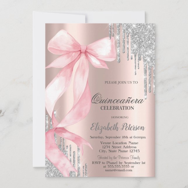 Pink Bow Silver Glitter Drips Rose GoldQuinceañera Invitation (Front)
