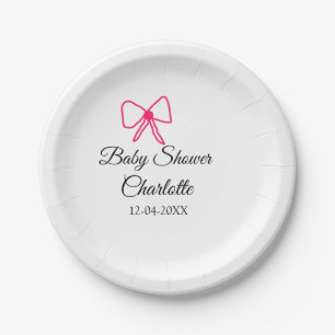 PINK BOW SIMPLE BABY SHOWER ADD NAME DATE MINIMAL PAPER PLATE