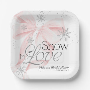 Pink Bow Snow in Love Personalized Baby Shower Paper Plate
