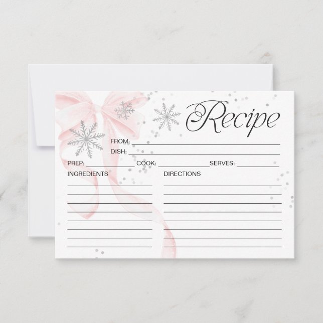 Pink Bow Snowflake Double-Sided Recipe Card (Front)