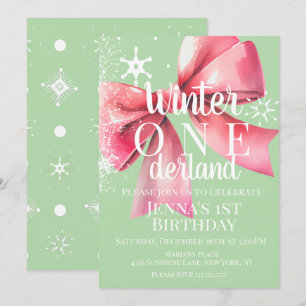 Pink Bow Snowflake Snow Script First Birthday  Invitation