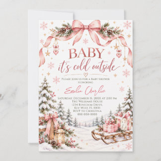 Pink Bow Snowy Winter Wonderland Baby Shower Invitation