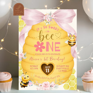 Pink Bow So sweet to Bee one first Birthday Invitation