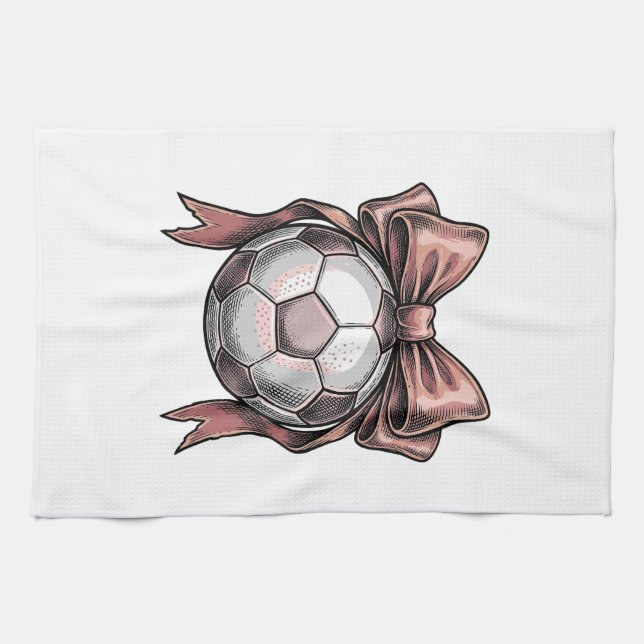 Pink Bow Soccer Ball Vintage Kitchen Towel (Horizontal)