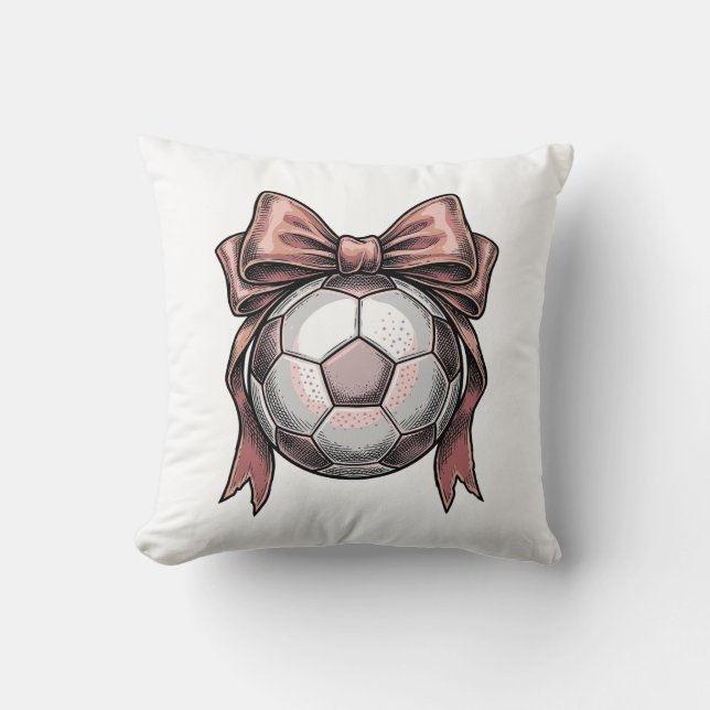 Pink Bow Soccer Ball Vintage Throw Pillow (Front)