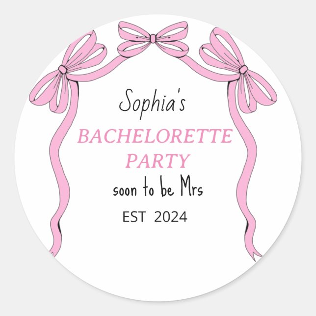 Pink Bow Soon To Be Mrs Bachelorette Favour Sticke Classic Round Sticker (Front)