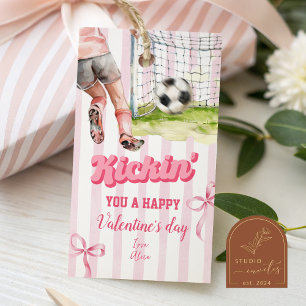 Pink Bow Sports Soccer Kickin Stripe Valentine Tag