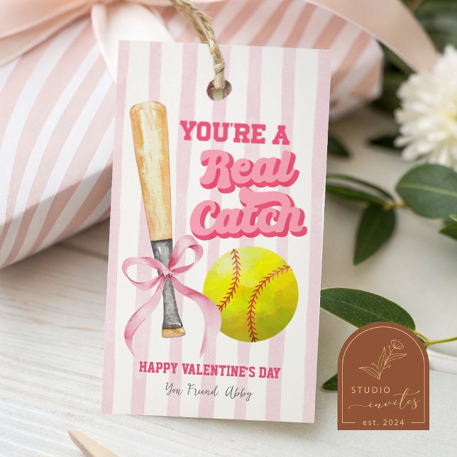 Pink Bow Sports Softball Stripe Valentine Tag (Creator Uploaded)