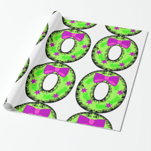 Pink Bow Stars and Green Christmas Holiday Wreath Wrapping Paper