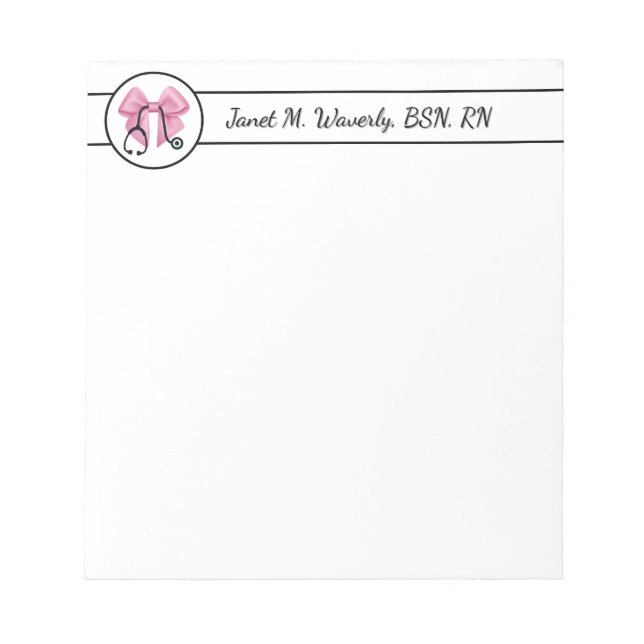 Pink Bow & Stethoscope Personalized Notepad (Front)