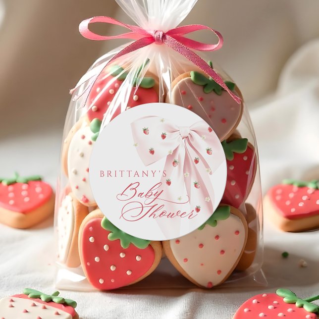 Pink Bow Strawberries Baby Shower Classic Round Sticker (Creator Uploaded)