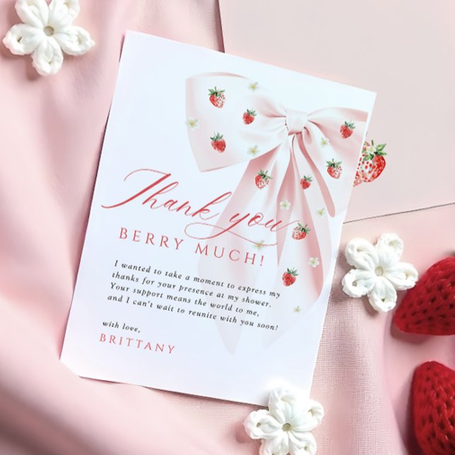 Pink Bow Strawberries Baby Shower Thank You Card (Creator Uploaded)