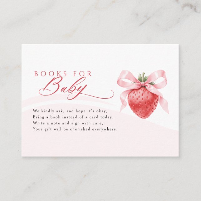 Pink Bow Strawberry Baby Shower Books for Baby Enclosure Card (Front)