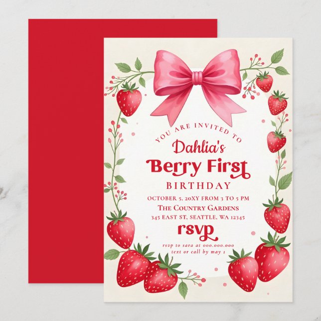 Pink Bow Strawberry Birthday Berry First Birthday Invitation (Front/Back)